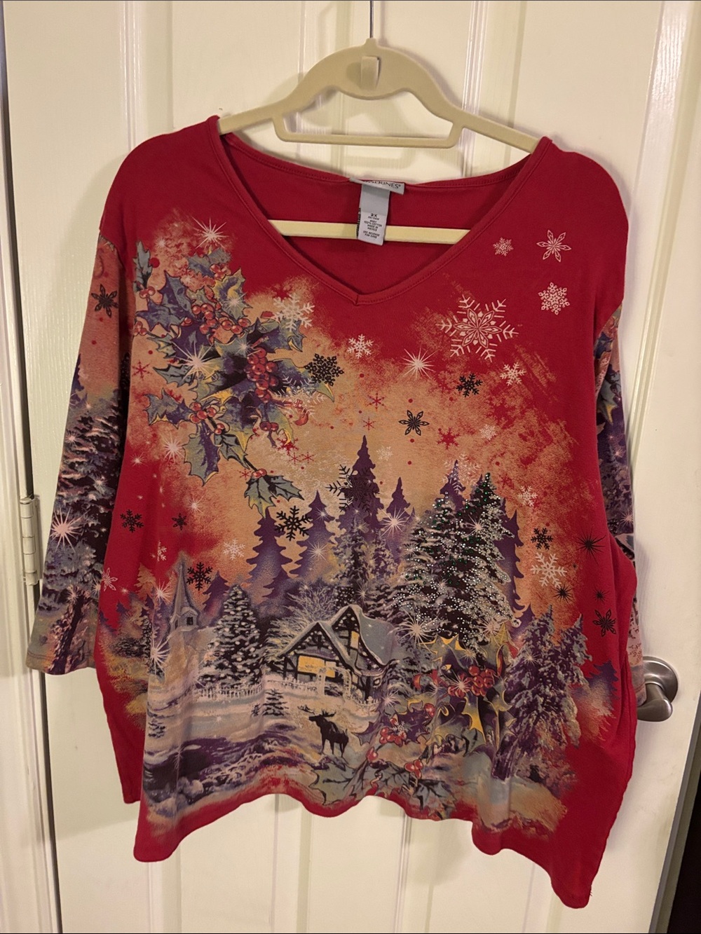 Catherines Red Holiday V-Neck Scenic Sweatshirt
